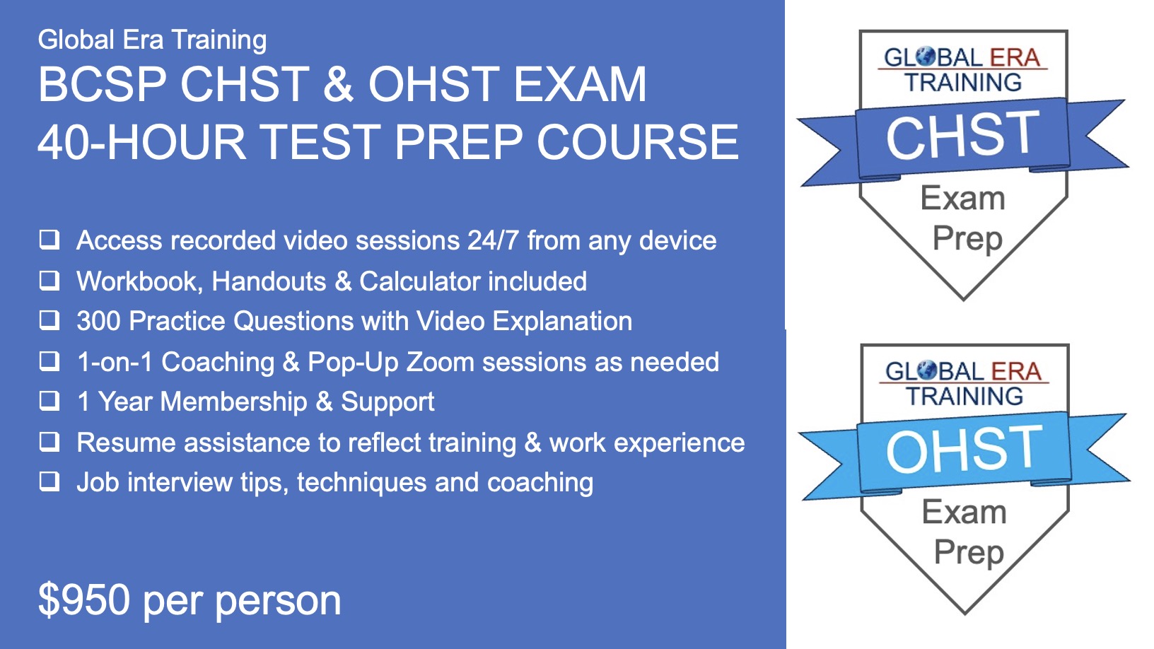 Global Era Training BCSP CHST & OHST Exam Test Prep